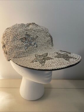 Handmade Ivory & Silver Star Matte Sequin Baseball Hat One Size Festive